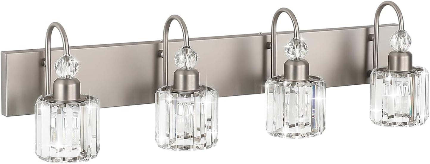 Ralbay 4-Light Crystal Vanity Light for Bathroom Brushed Nickel Modern Bathroom Light Fixtures