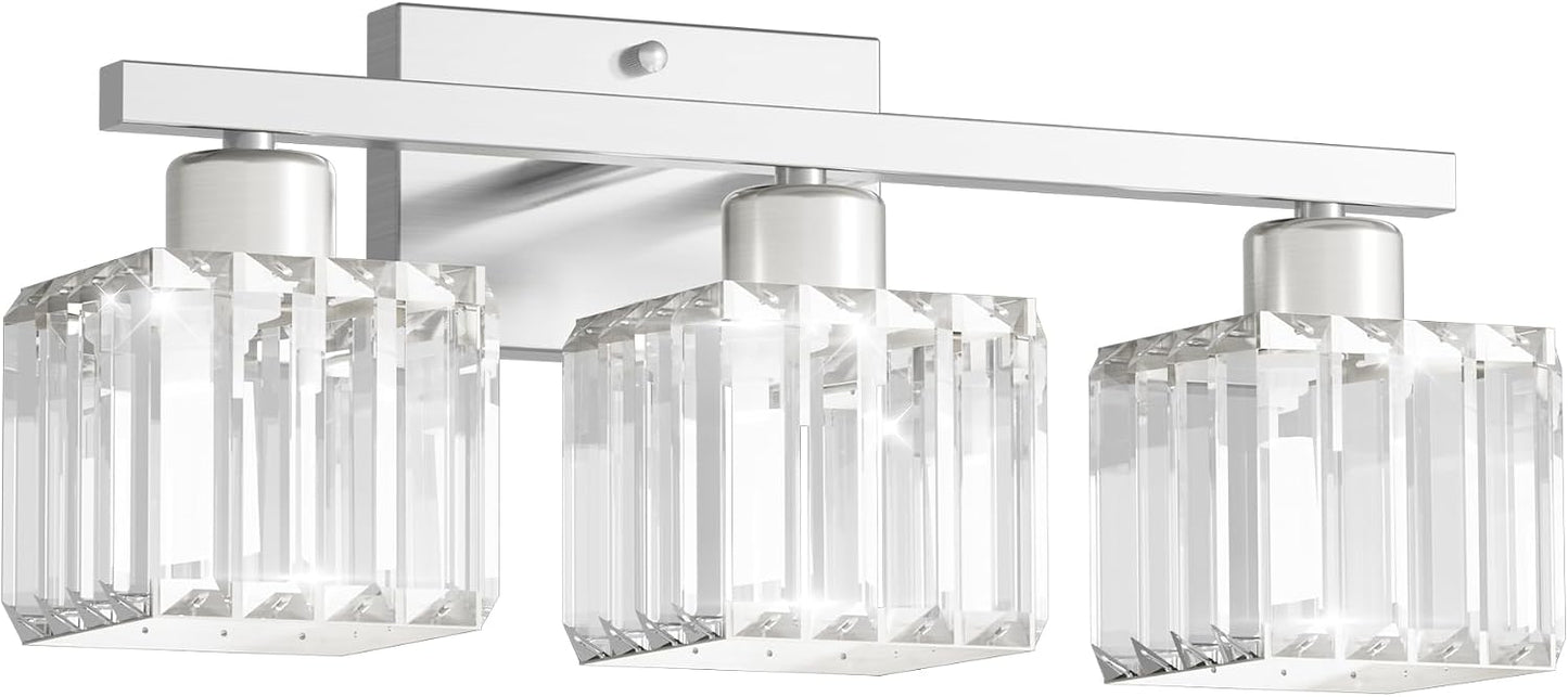 comzler 3-Light Bathroom Light Fixtures Over Mirror, Brushed Nickel Crystal Wall Sconce with E26 Base for Mirror Kitchen Living Room Bathroom, Square Crystal Shades (Bulbs Excluded) | Wall Sconce with E26 Base for Mirror Kitchen Living Room Bathroom