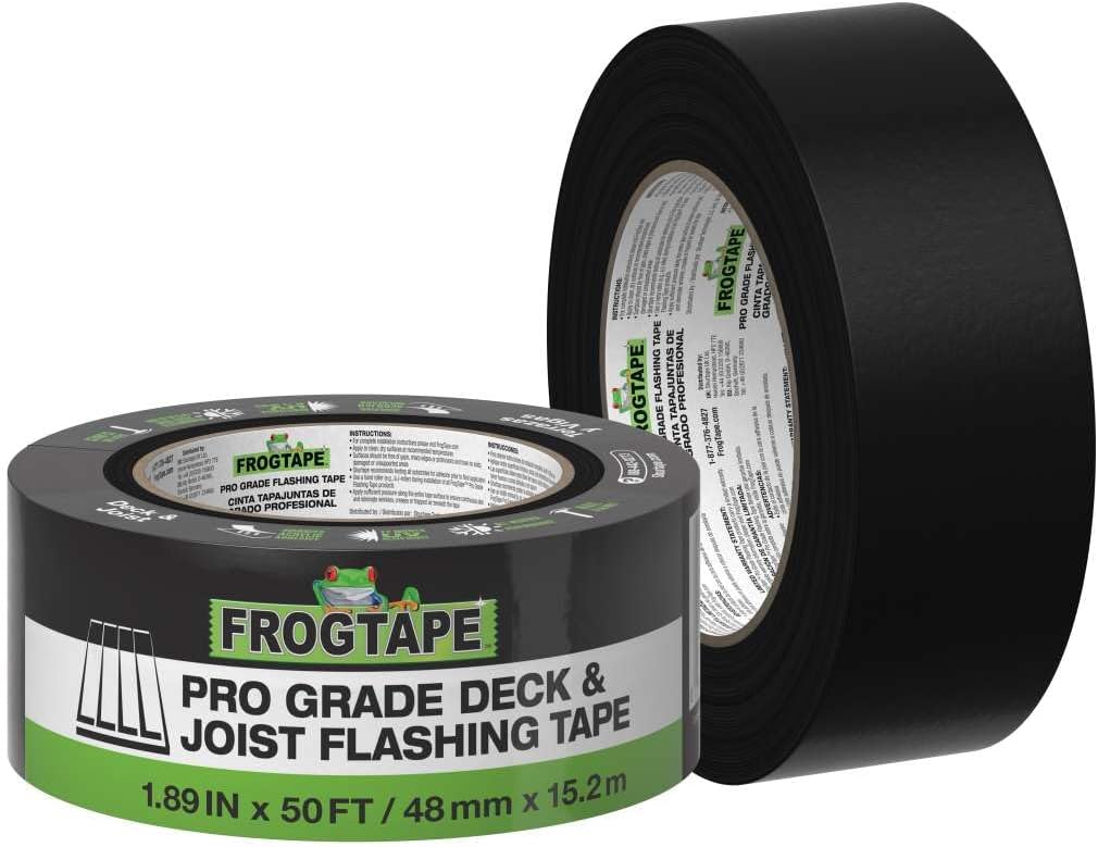 FrogTape Pro Grade Deck and Joist Flashing Tape - 2 Inch Width (1.89 in. x 50 ft) - All Weather & UV Resistant Linerless Tape for Decking, Wood, Beams with Advanced Acrylic Adhesive - 13 mils - Black