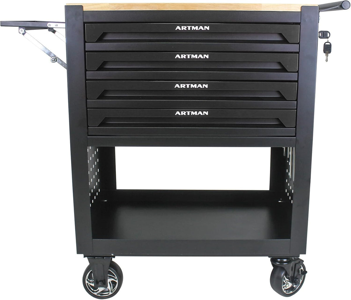 lockable 4-drawer rolling tool chest with wooden top, main product view