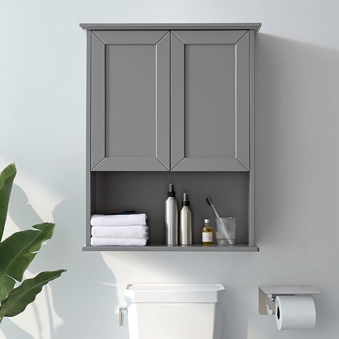 Grey Cabinet Wall Mounted with 2 Doors, Wooden Medicine Cabinet with Adjustable - Image 7