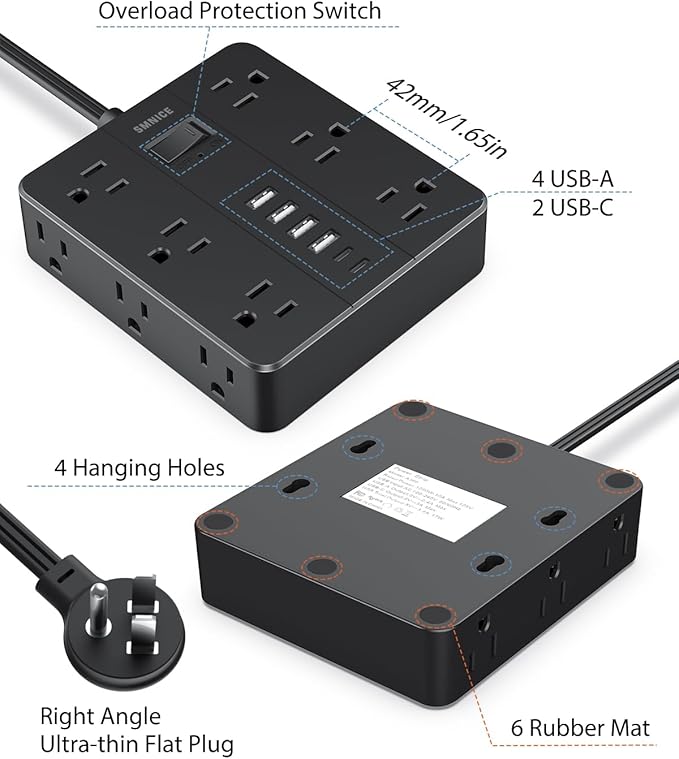 Power Strip Flat Plug with 12 Outlets 6 USB, SMNICE Surge Protector Charging - Image 7