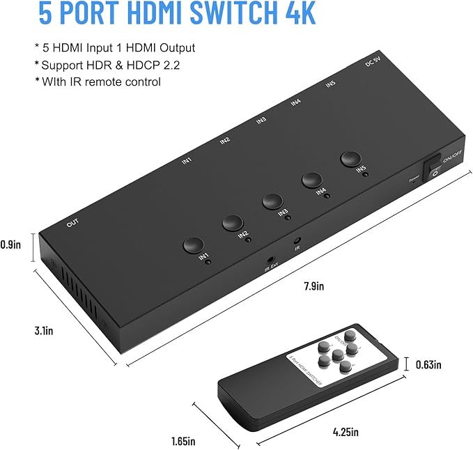 RuiPuo 5Port HDMI Switcher 4K@60Hz 5In 1Out HDMI Selector - Image 6