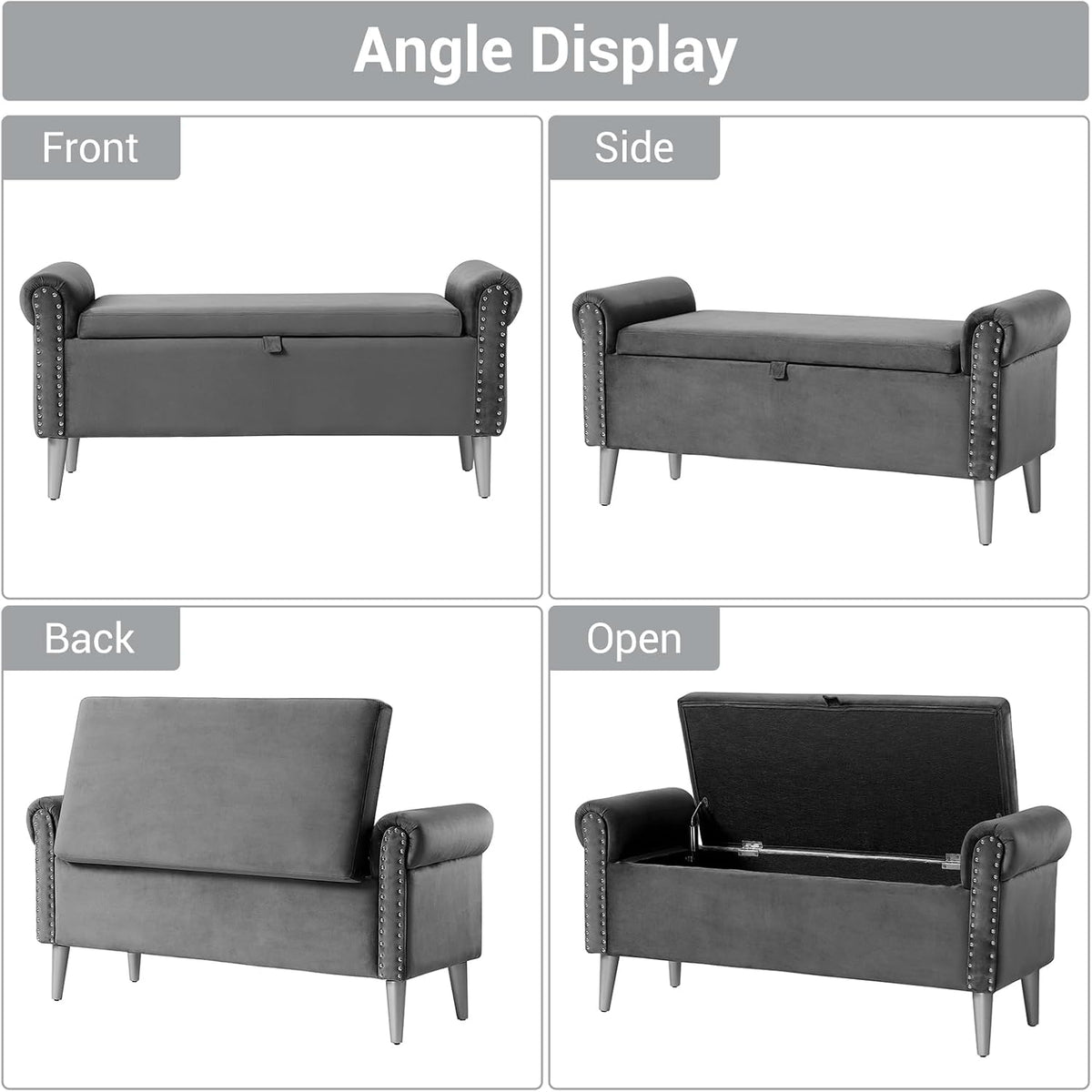 storage bench for bedroom- grey velvet bench with, front angle view