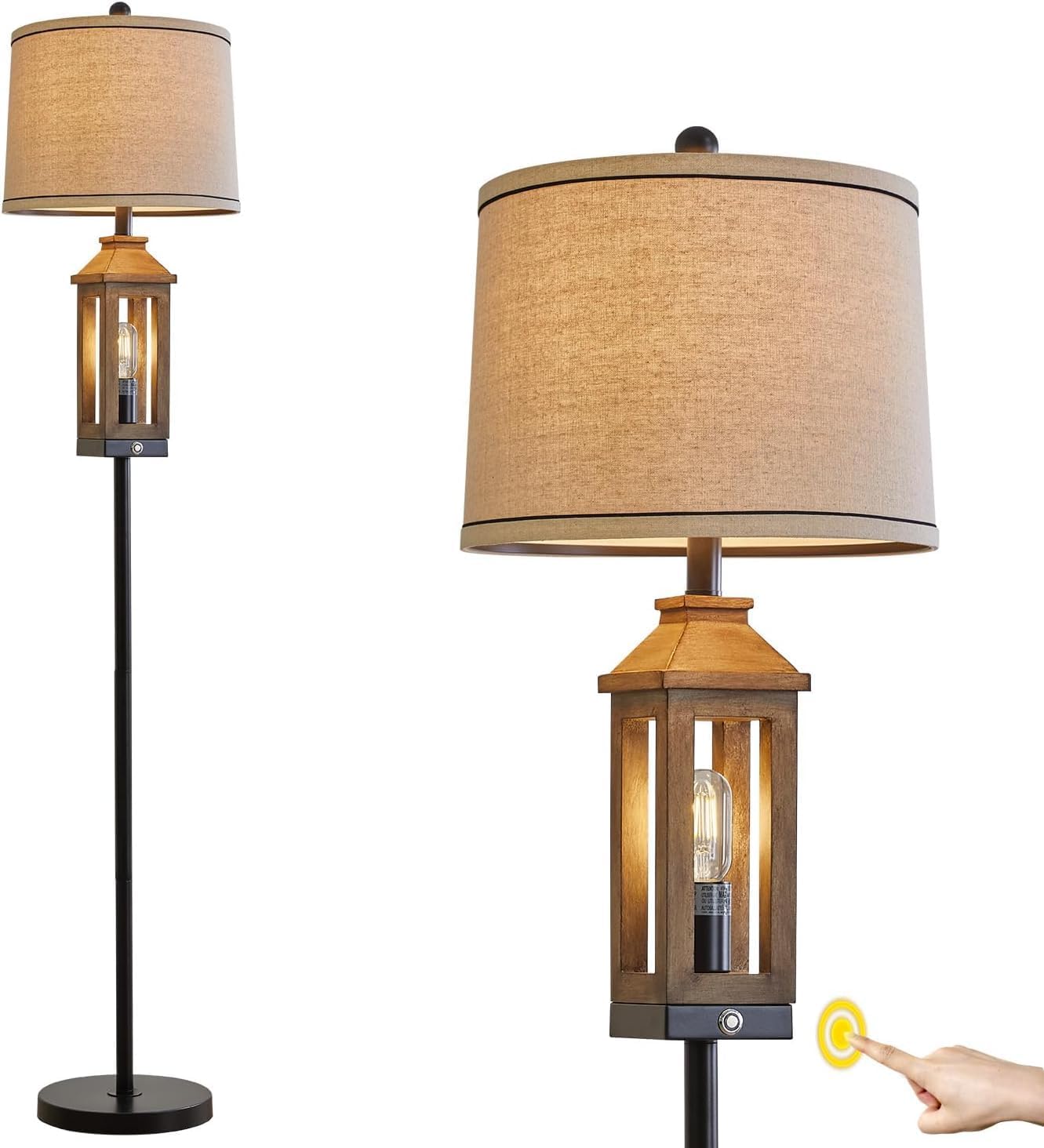 G-SAFAVA 63" Farmhouse Floor Lamps for Living Room Bedside Nightstand Lamp Black Tall Standing Lamp for Home Decor Bedroom Reading Wood Lamp Rustic Bed Lights with 2 Light Sources