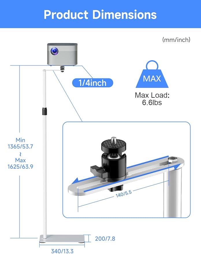 suptek 63.9” Extendable Projector Stand Against Wall Hidden Stand, 360°Swivel - Image 7