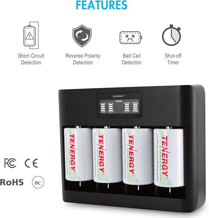 Tenergy 4 Pack Centura Lite D Size Batteries and TN486U 5-Bay Universal Battery - Image 9