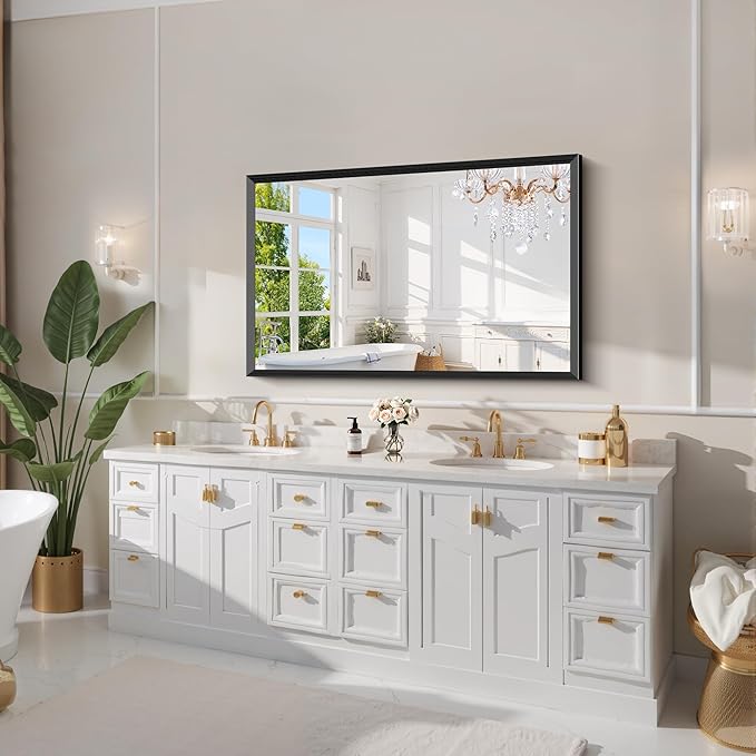 Black Bathroom Mirror 30 x 50 Inch Rectangle Wave Beveled - Image 7