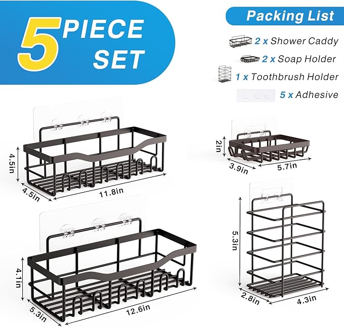 EUDELE 5-Pack Rustproof Stainless Steel Shower Caddy – No Drill Adhesive - Image 7
