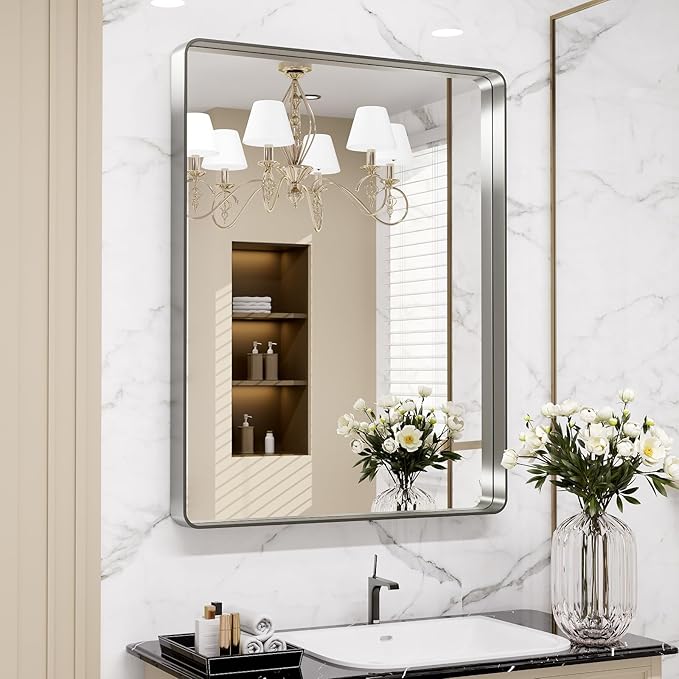LOAAO 22X30 Inch Brushed Nickel Bathroom Mirror, Rounded Rectangle Silver Metal - Image 7