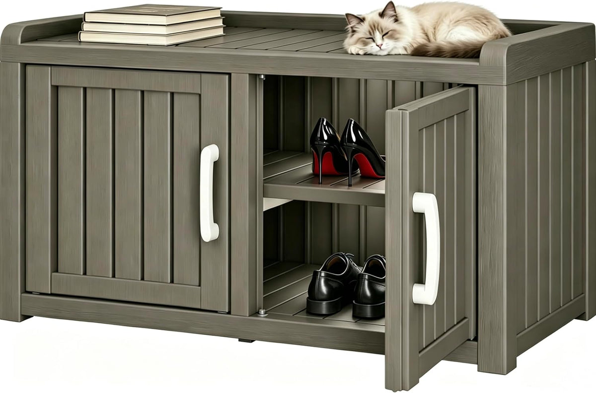 outdoor shoe storage bench with 2 doors, waterproof, main product view