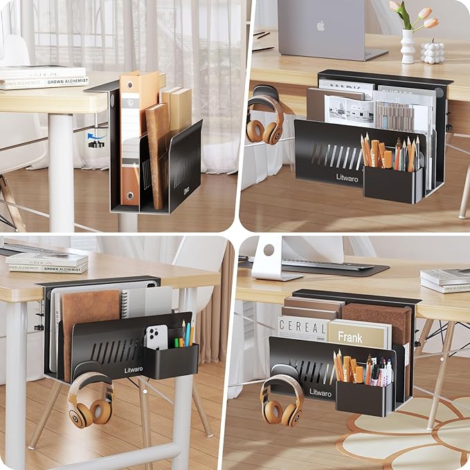 Litwaro Desk Side Storage Organizer, 2 Tier Laptop Holder Clamp on Desk - Image 7