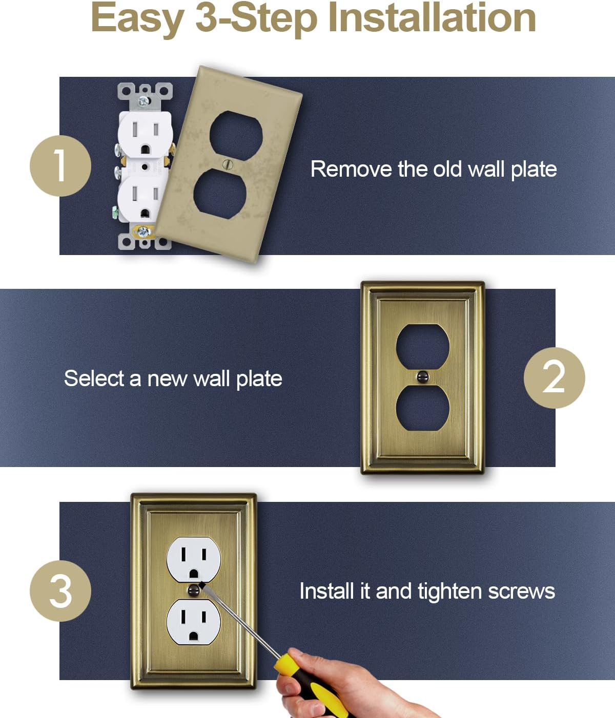 Switch Plates Outlet Covers, 4-Pack Antique Brass Metal Wall Plate | Midsize Duplex Outlet Cover, Perfect for Electrical Outlets, Light Switches Replacement & Renovation for Any Room