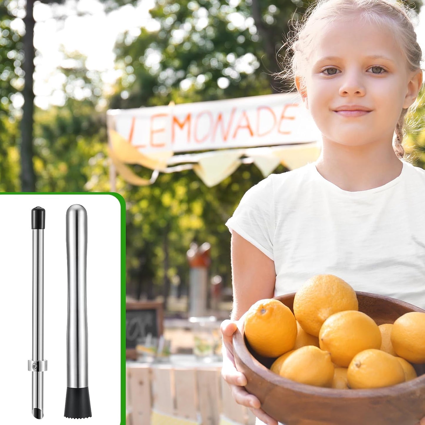 Honeydak 3 Pcs Straw Hole Puncher Muddler, Lemonade Punch Tool Set, 6.3Inch | 304 Stainless Steel Build, Perfect for Plastic Lids Boba Cups, Lemonade Stand Supplies, Stir Spoon & Cleaning Brush Included