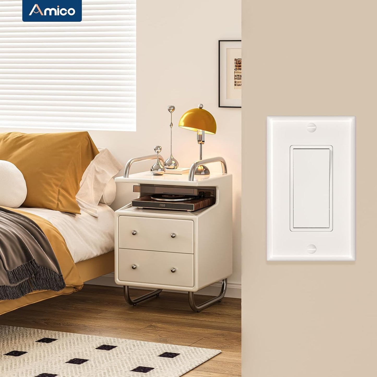 Amico Single Pole Light Switches with Wall Plates | UL Listed 120/277V On/Off Rocker Paddle Interrupter, Grounding Screw, Residential Grade, for Home and Business, White
