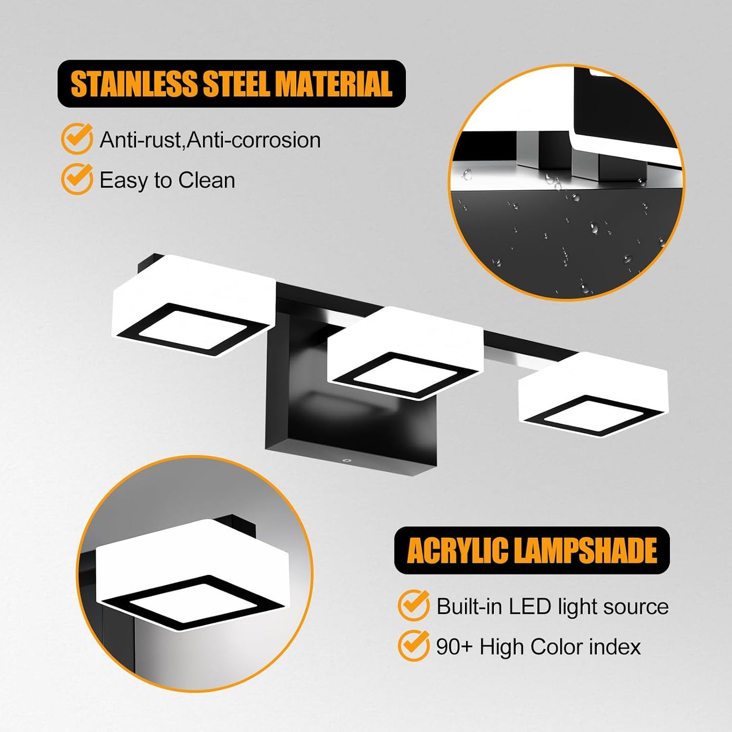 LED Modern Bathroom Light Fixtures, 3-Light Dimmable Vanity Lights with 5 Color Modes, Matte Black Acrylic Bathroom Wall Lighting Fixtures Over Mirror, 2700K- 6500K Adjustable, 18 Inch, ETL Listed