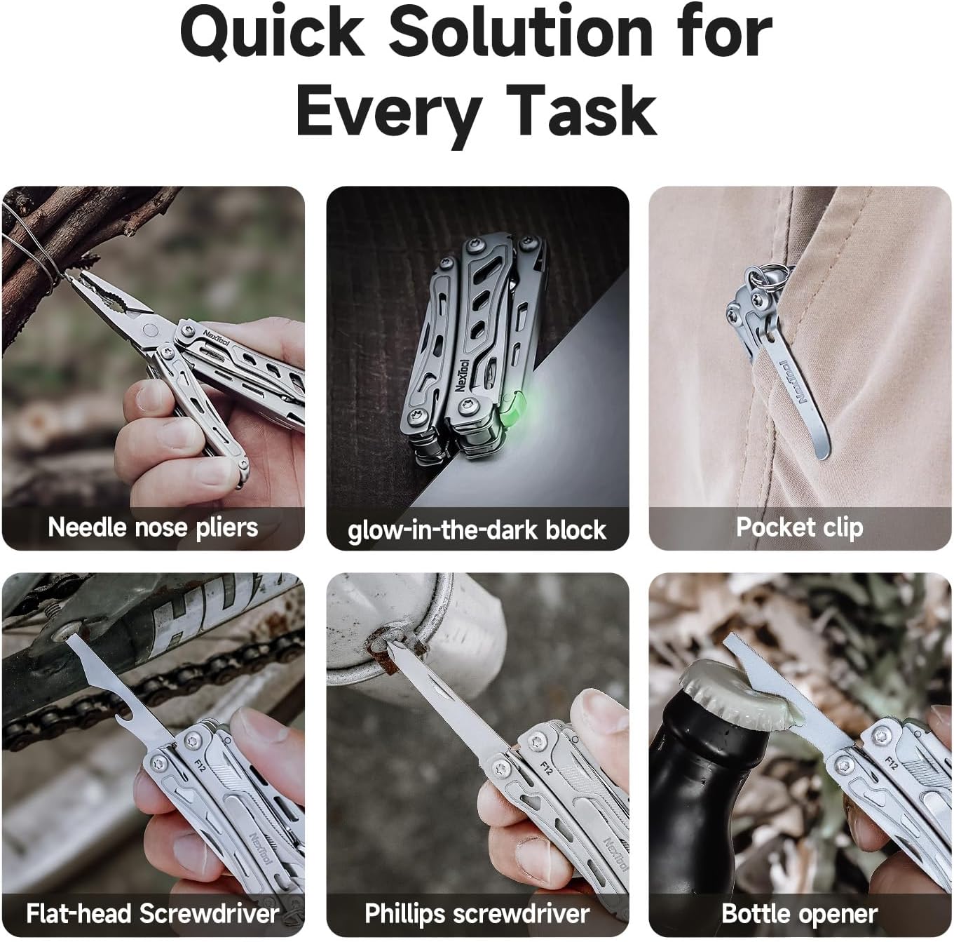 NexTool Mini Flagship F12 Keychain Multitool, Fifth Pocket Tools (Silver) | 15-in-1 Multi Tool, 80Cr14Mov Steel, Serrated Scissors, Thicken Pliers, Safety Lock Knife and File for EDC, Outdoor, DIY
