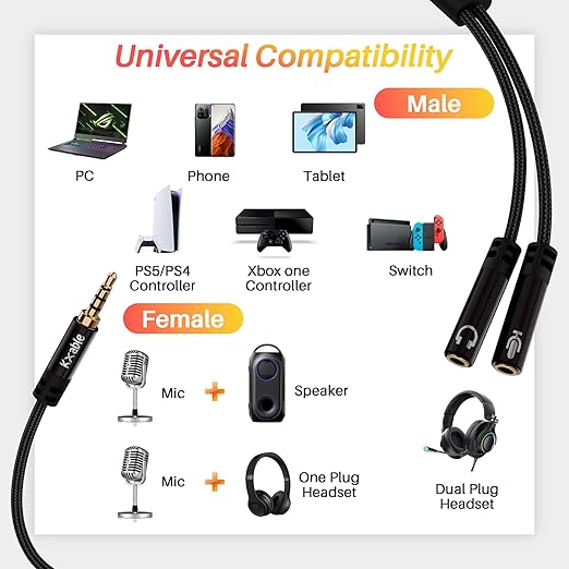 1/8inch Aux Headphone Splitter 2 Way Cable 6FT, 3.5mm 1 Male to 2 Female Mic - Image 6