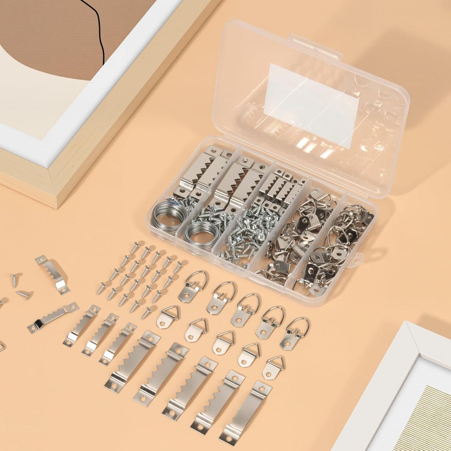 251Pcs Picture Hanging Kit, Dual-Size Heavy Duty Picture Hanging Hardware | 50 Sawtooth Picture Hangers + 50 D Rings + 150 Screws + 3.6m Wire, Wall Hanging Kit for Artwork Frame Canvas Mirror Clock