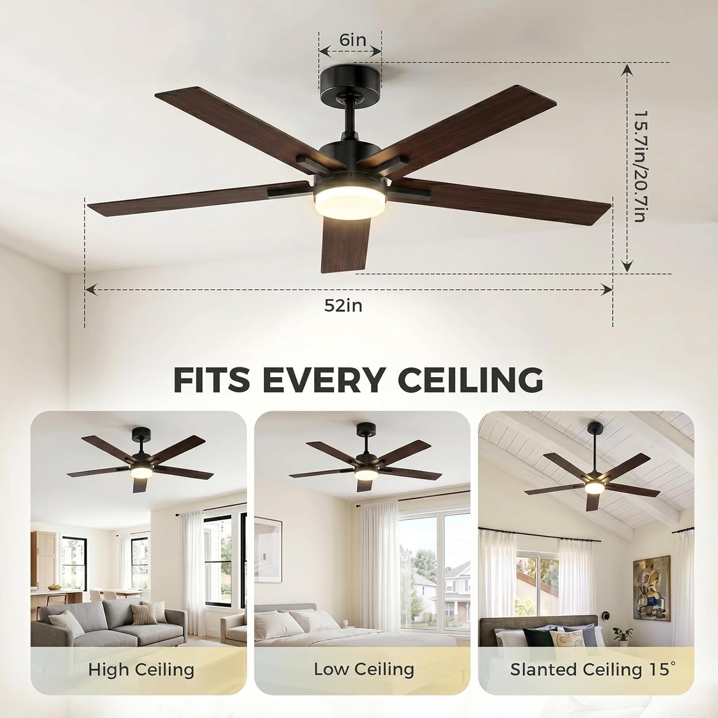 Obabala Ceiling Fan with Light 52 Inch, DC Motor Ceiling Fan with Remote and APP Control, Dimmable LED Color Changing, Reversible Quiet Fan for Bedroom Living Room Indoor Outdoor, Modern