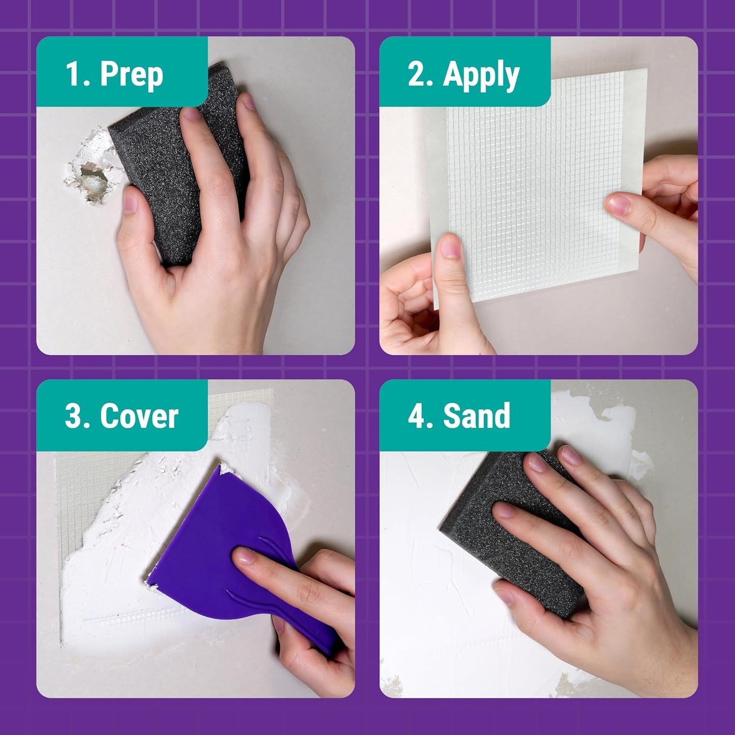 StrongPatch® Flexible Patch Wall Repair Kit with 4 in. x 4 in. Flexible Patch, Sanding Sponge, Color Changing Spackle, Putty Knife, Glove, Foam Brush, Paint Tray (7-Piece)