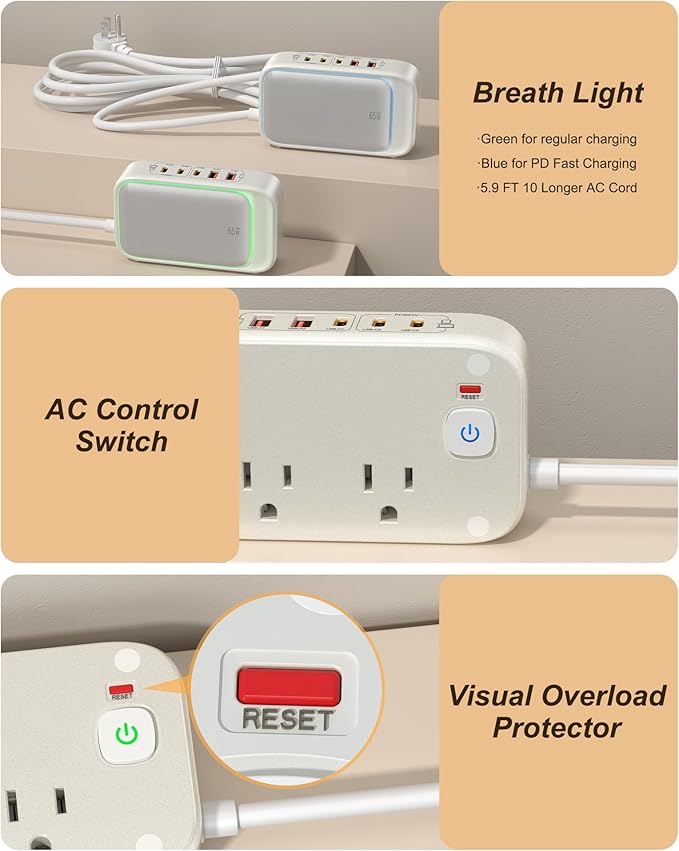 KWRNVO Power Strip with USB Ports 175W GaN 7-in-1 USB C Charging Station Type C - Image 7