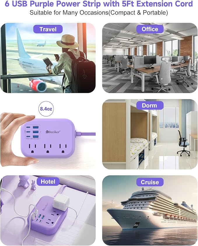 6 USB Purple Travel Power Strip- 5Ft Purple Extension Cord - Image 8
