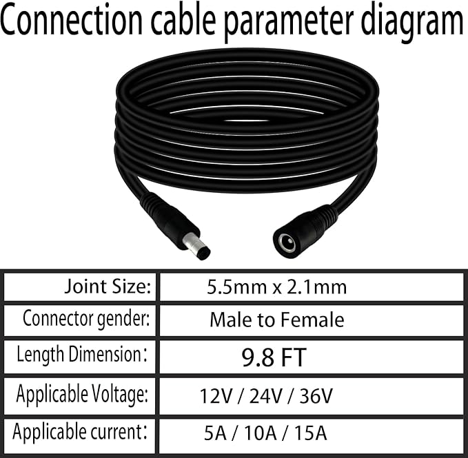 5.5mm x 2.1mm 9.8FT DC Power Extension Cable Male to Female 12V/24V 14AWG DC - Image 6
