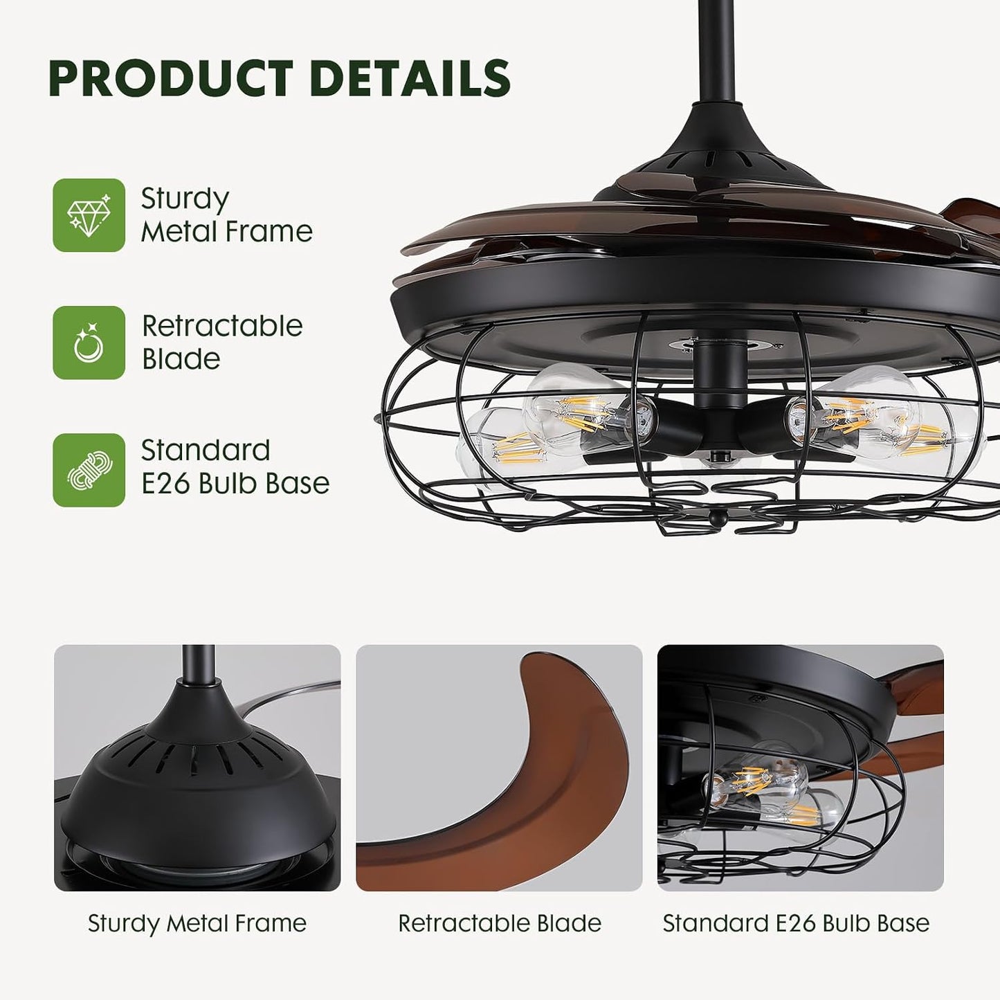 48" Rustic Ceiling Fan with Lights and Remote, Industrial Fandelier Ceiling Fan Black Retractable Invisible Ceiling Fan for Farmhouse Living Room Dining Room Bedroom Kitchen Garage