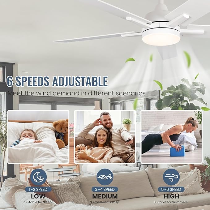 SODSEA Ceiling Fans with Lights, 52 inch White Ceiling Fan with Light and - Image 7