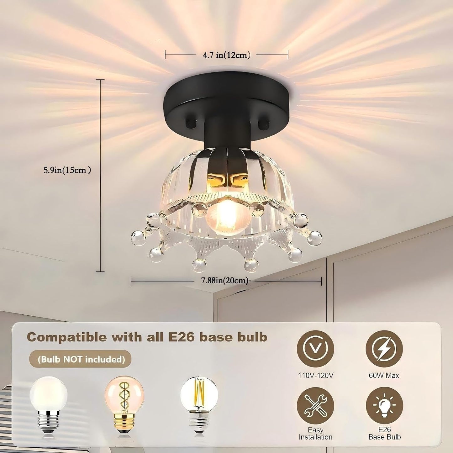 Mid-Century Modern Ceiling Light, 2 Pack Hallway Light Fixtures | Black Semi Flush Mount Ceiling Light, Small Hallway Light Fixtures for Kitchen, Foyer, Entryway, Laundry Room E26