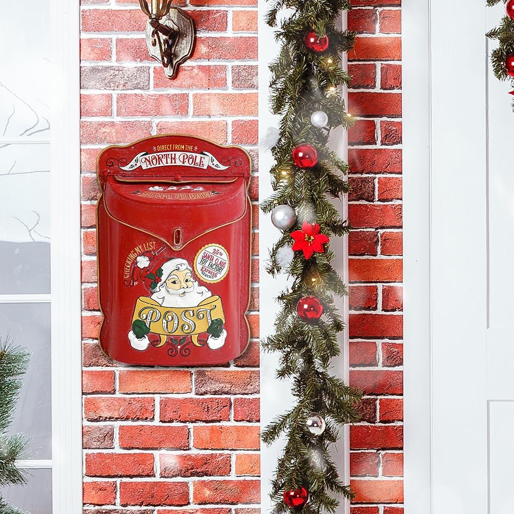 Xmas Letters to Santa Mailbox Wall Mount Christmas Mail Boxes for House Outside Metal North Pole Post Box Vintage Red Christmas Home Decor