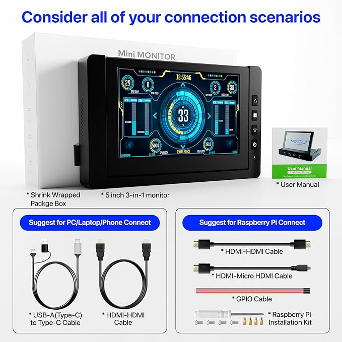 5-Inch Mini Monitor with USB HUB & Raspberry Pi Mount Holes, Type-C One-Cable - Image 9