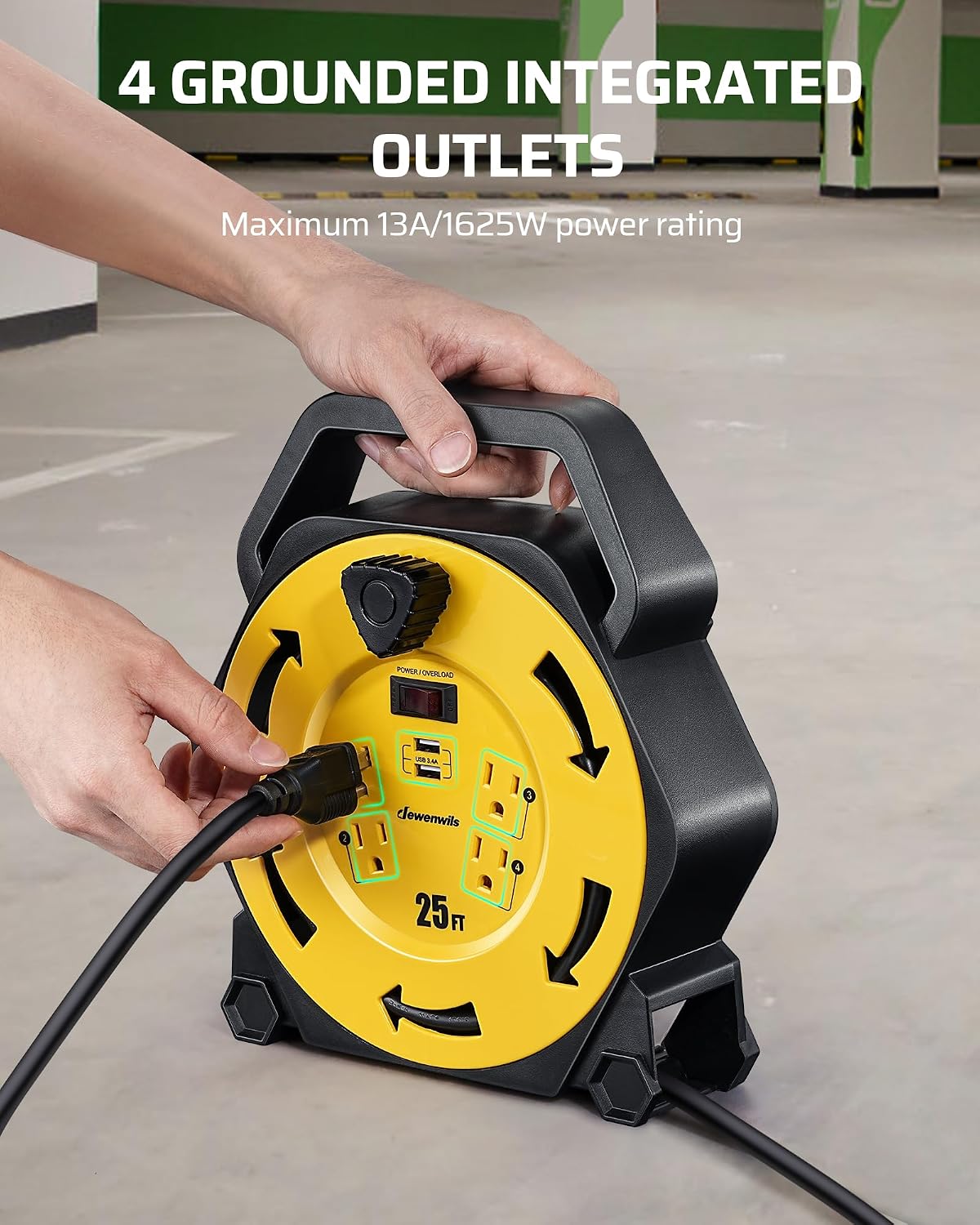 DEWENWILS 25FT Extension Cord Reel, Hand Wind Retractable Cord Reel | 16/3 SJTW, 4 Grounded Outlets, 2-USB Ports (3.4A Fast Charge), 13A Circuit Breaker, for Garage, Workshop, Outdoor, UL Listed