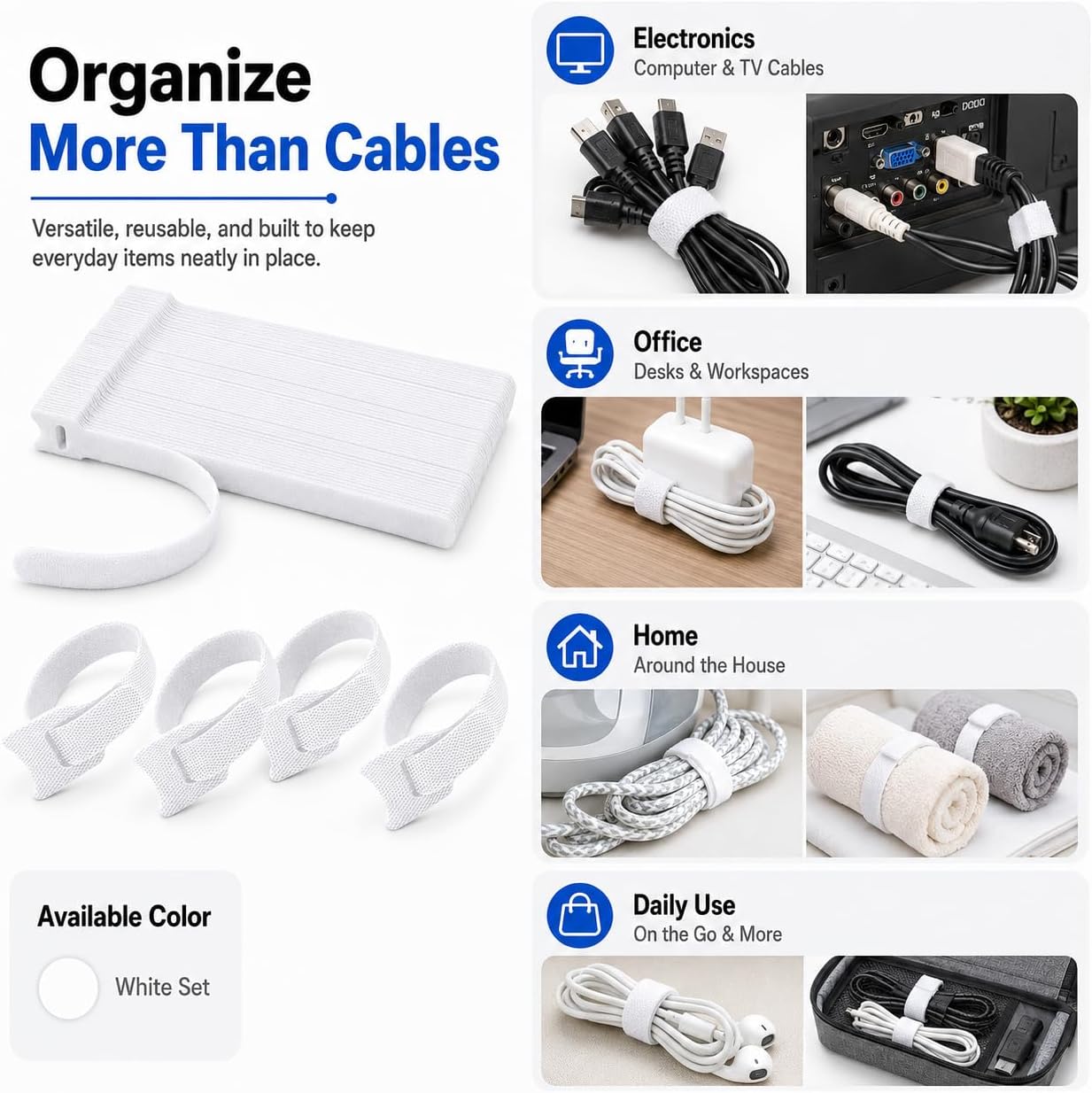 80pcs 8 Inch Cable Ties Reusable White Hook and Loop Cord Ties for Cable Management Adjustable Cord Organizer Straps for Electronics