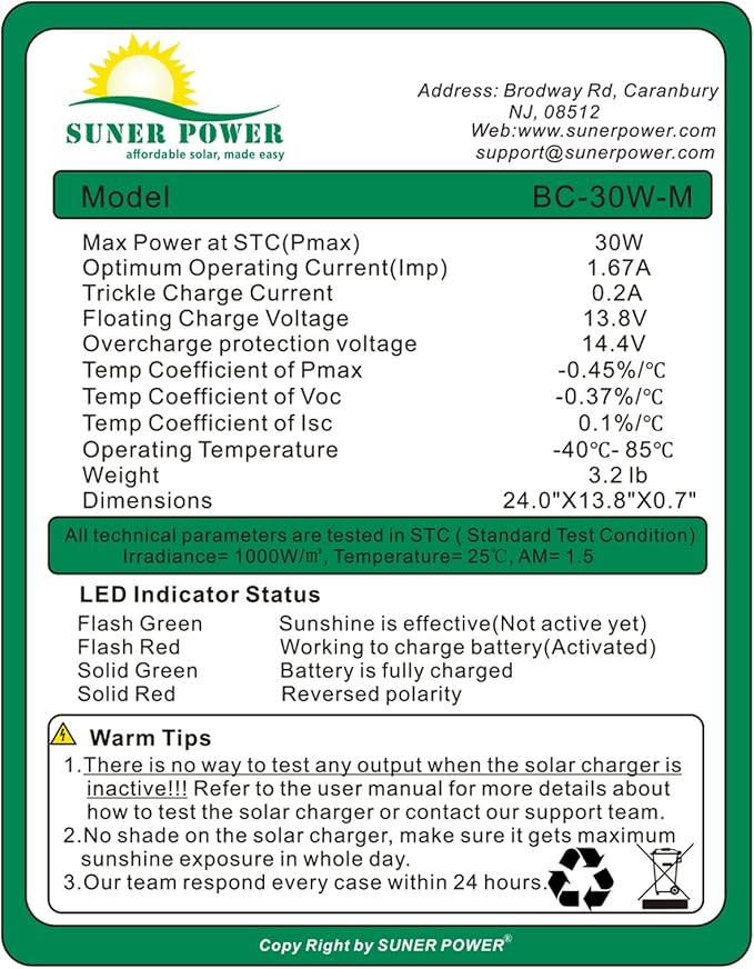 SUNER POWER 30W 12V Solar Battery Charger Maintainer, Built-in Smart MPPT - Image 7