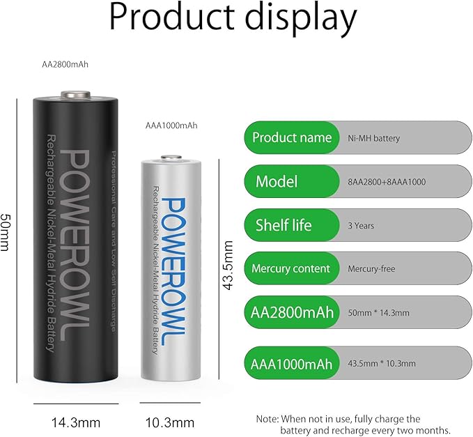 POWEROWL AA AAA Rechargeable Batteries, Pre-Charged High Capacity 2800mAh & - Image 7