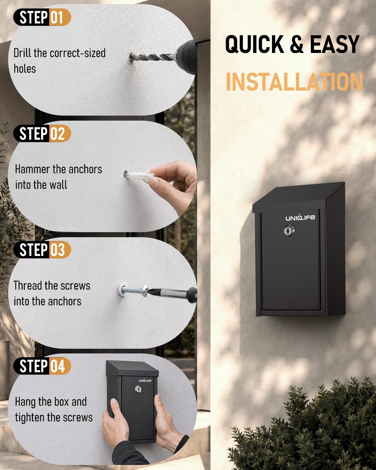 Uniclife Black Metal Donation Box, Wall Mounted Mailbox for Outside | Safe Suggestion Box with Key Lock, Steel Key Drop Box with Top Slot, Cash Box for Home Office and Business