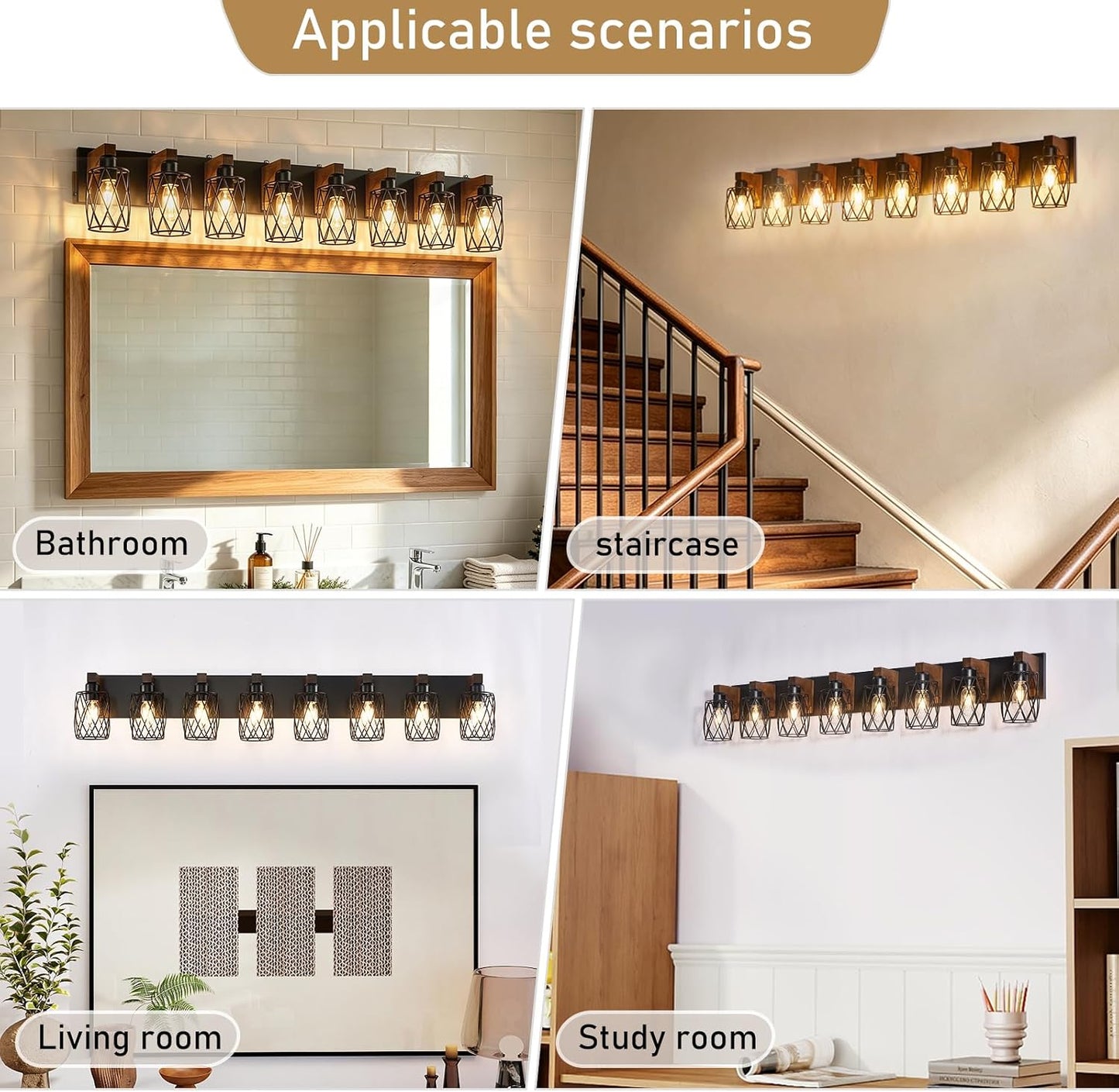 RVONOW 8-Light Farmhouse Bathroom Light Fixtures with Metal Shade | Rustic Bathroom Vanity Light with E26 Base for Bedroom Living Room Hallway, Black