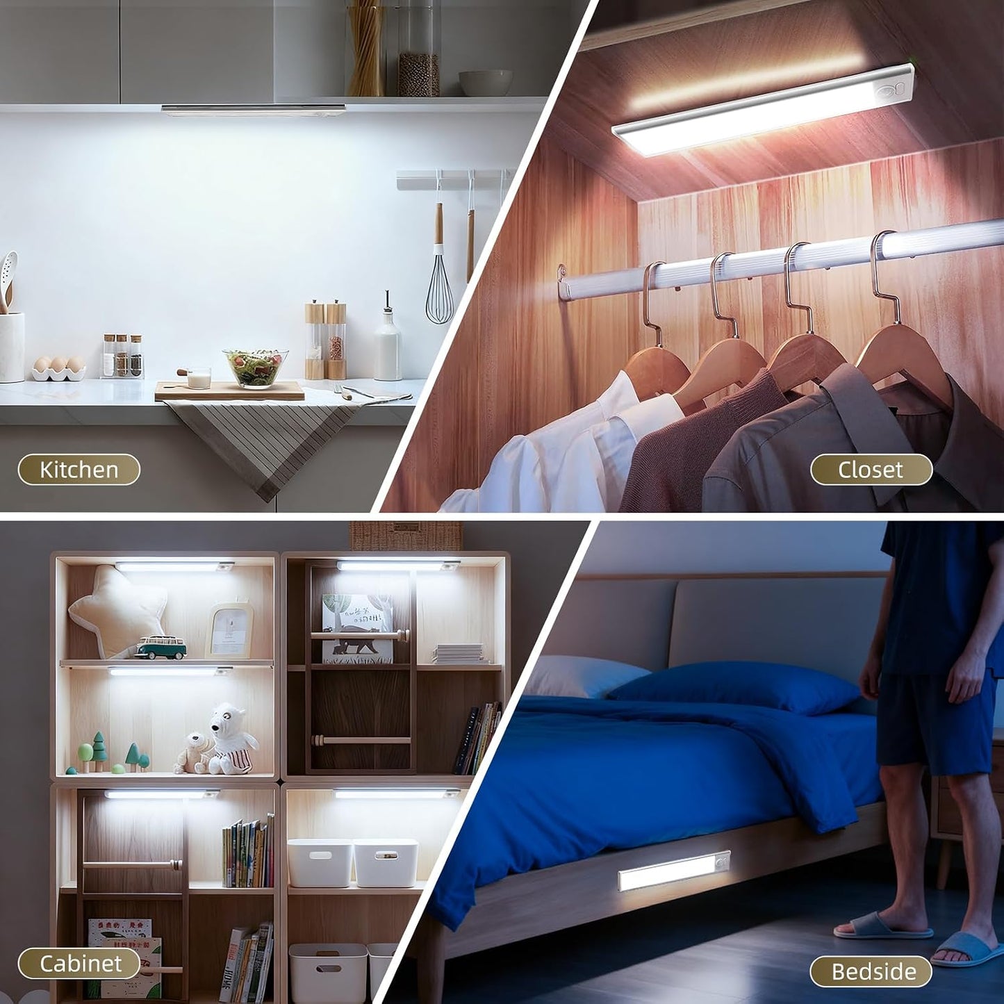4 Pack Under Cabinet Lighting, Rechargeable Motion Sensor Light Indoor, Wireless Dimmable Magnetic Closet Lights, 32 LED Under Counter Lights for Kitchen, Wardrobe, Stairs, White Light