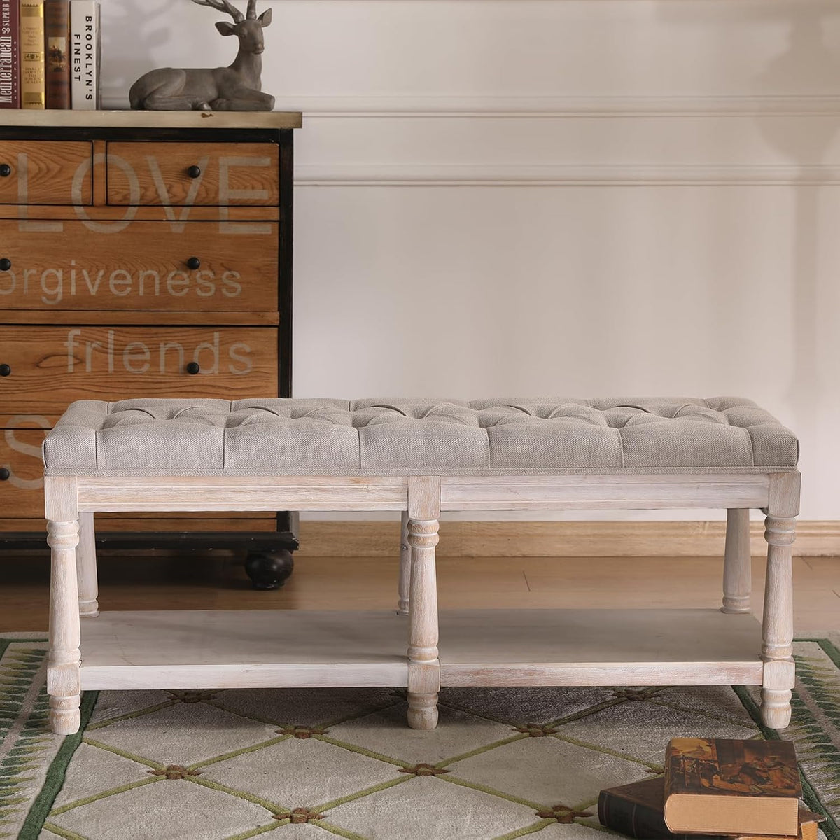farmhouse storage bench wooden entryway upholstered tufted ottoman, main product view