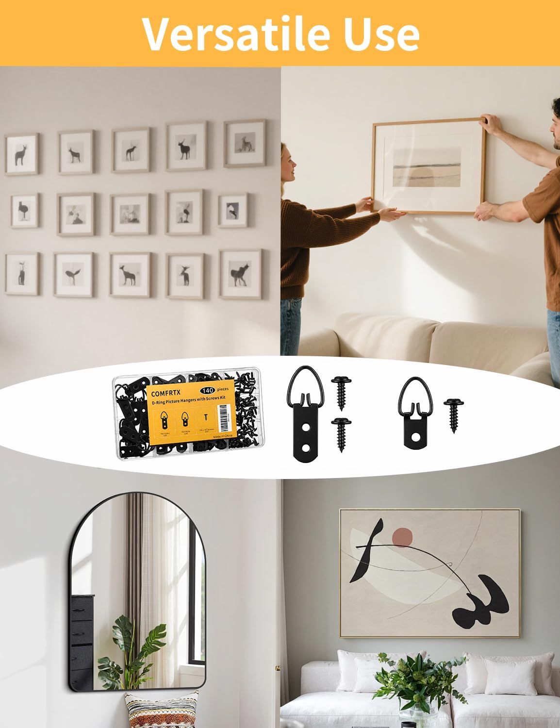 (2 Sizes, 140PCS) D-Ring Picture Hangers with Screws Kit,Heavy Duty | 40 One Hole & 20 Double Hole Hangers with 80 Screws, Wall Hooks for Frames, Mirrors, Canvas & Picture Hanging Hardware Black