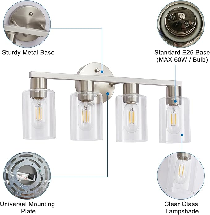 4 Light Bathroom Vanity Light, Brushed Nickel 4-Light Bathroom Light Fixtures - Image 9