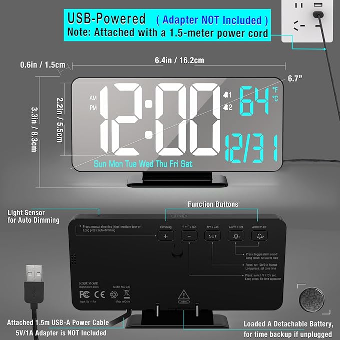 KOSUMOSU Digital Alarm Clock 6.7in Black Clock - Image 6