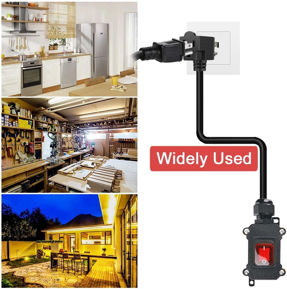 Inline Cord Switch with 3.3FT 14AWG Cable Piggyback Plug(3-Pronged), IP67 Waterproof Extension Cord with On/Off, AC/DC 20A-125V Inline Power Switch with Red LED Rocker Button