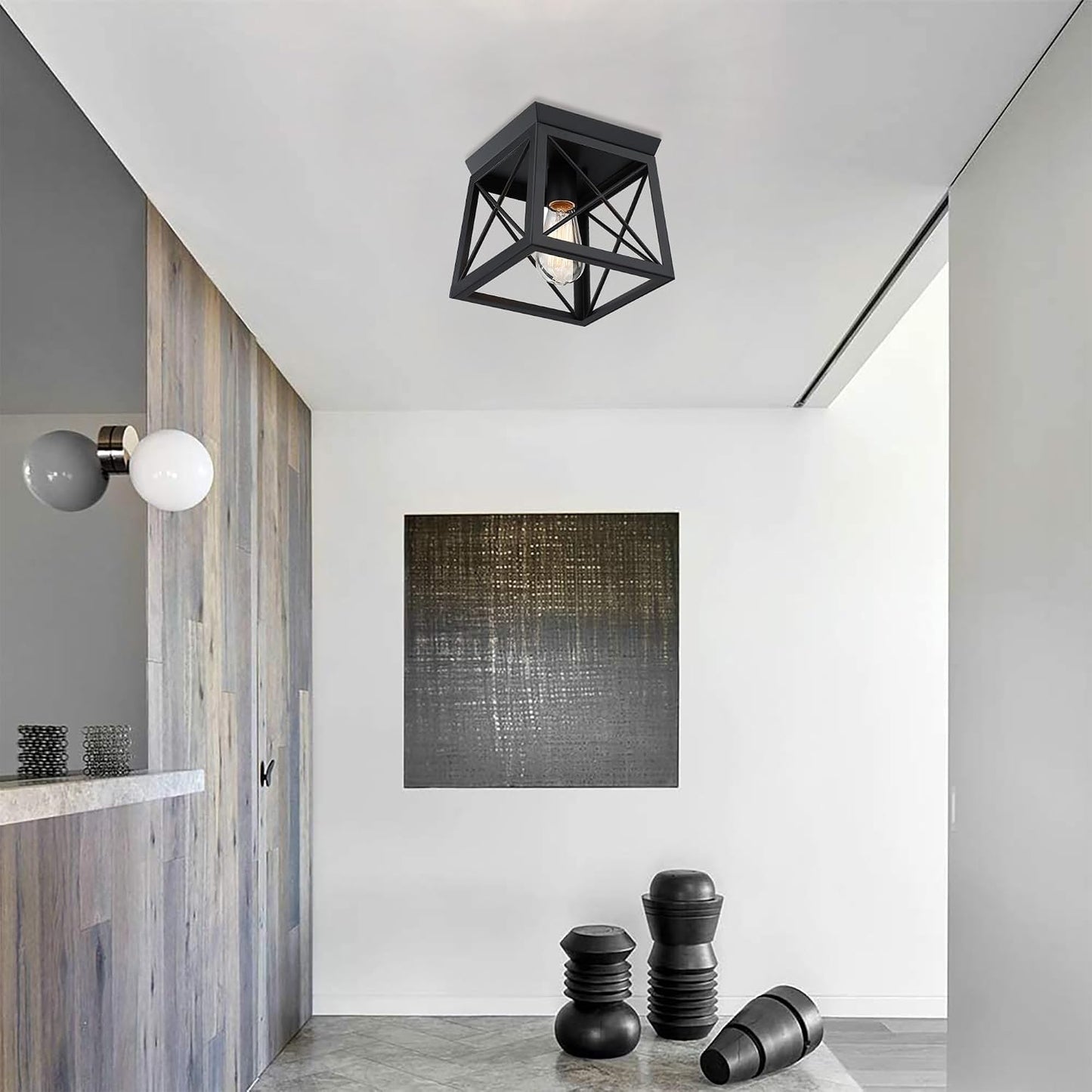 1 Light Black Industrial Flush Mount Ceiling Light Fixture - Square Farmhouse Caged Ceiling Light for Closet Kitchen Hallway Porch, E26, Dimmable