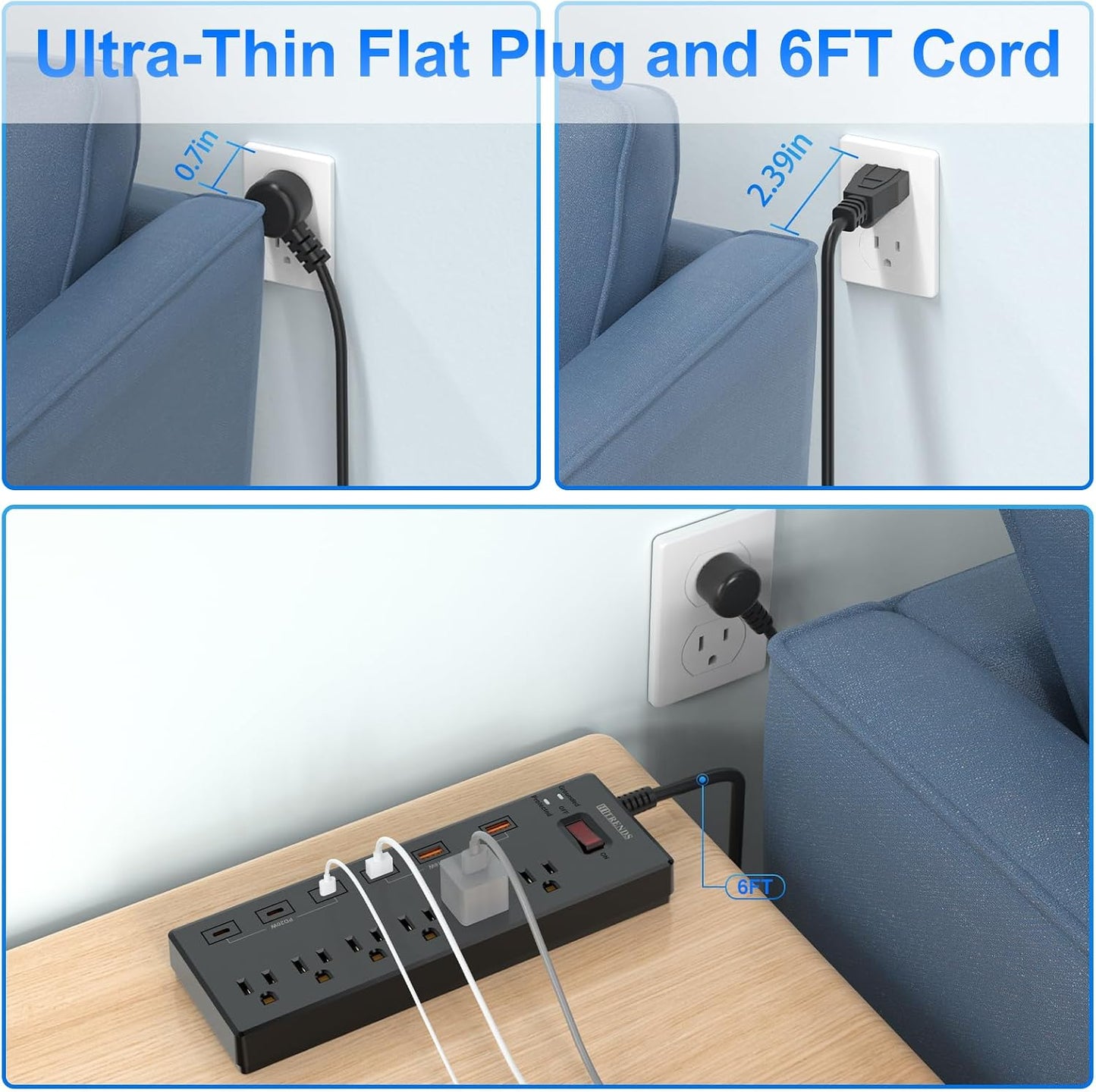 Power Strip, HITRENDS Surge Protector with 6 AC Outlets & 6 USB Ports (3 USB-C & 3 USB-A), 20W PD Fast Charging USB-C, 6 Ft Flat Plug Extension Cord with Multiple Outlet, 1625W/13A, for Home Office