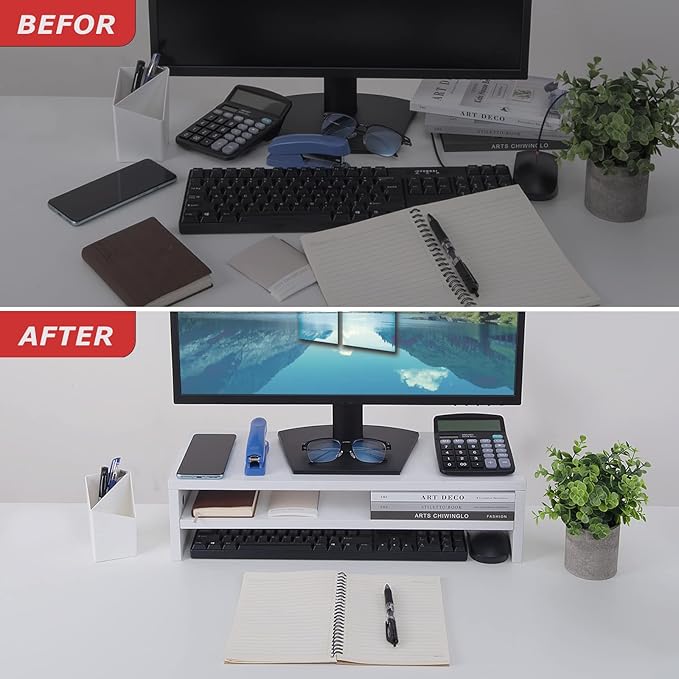 BEYGORM Monitor Stand Riser White, 21.6 inch 2 Tiers Wood Desk Shelf Computer - Image 5