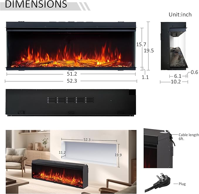 LegendFlame 51" W Smart Build in Electric Fireplace Insert, 1-2-3 Sided View - Image 6