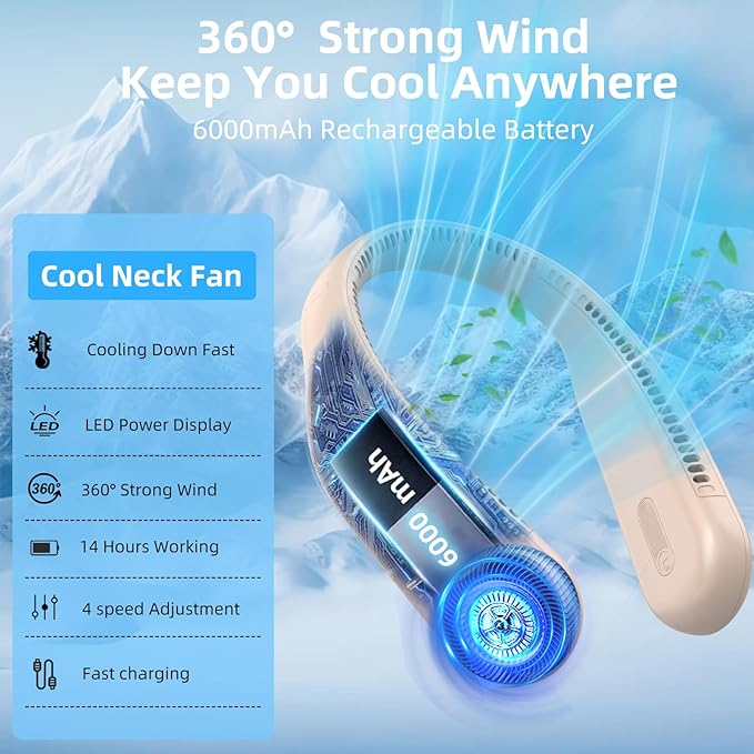 Portable Neck Fan, Hands Free Personal Wearable Bladeless Fan, 6000mAh USB - Image 8